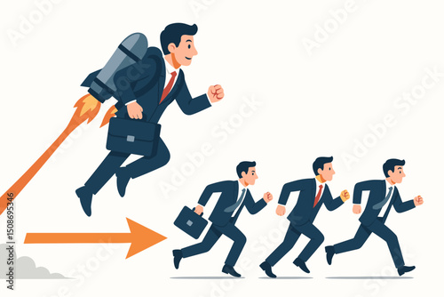 Business innovation jetpack advantage concept. Flying businessman ahead of competitors running. Leadership technology advancement metaphor. Corporate success competition race vector illustration