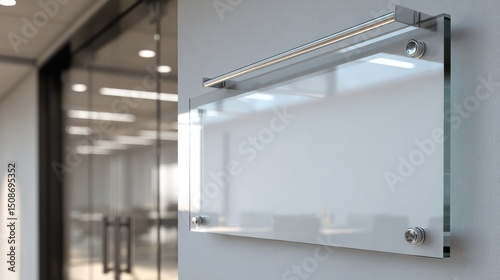 A stunning image of mock up of a blank glass nameplate design is shown in this 3D rendering. The signplate is mounted on the wall near the interior door of the office. photo