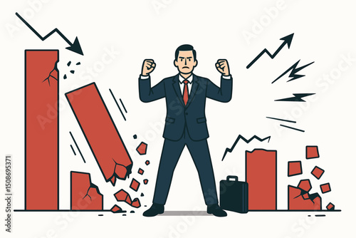Triumphant businessman raising fists victory pose showing resilience strength determination overcoming financial crisis recession downturn. Strong leader success despite business adversity failure
