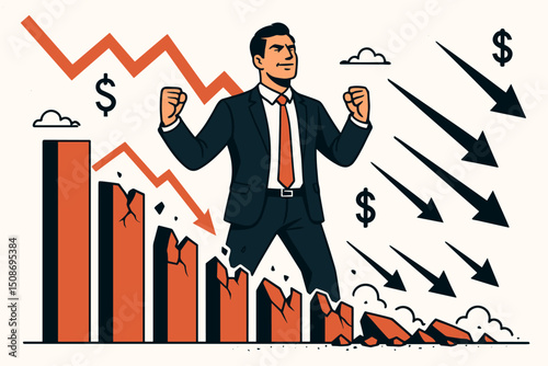 Businessman resilience triumph victory pose financial crisis economic downturn recession. Confident leader optimism success mindset overcome market crash decline charts
