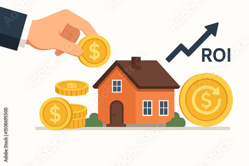Property real estate investment ROI growth concept. Business hand gold coin house home profit returns earnings. Financial planning wealth building success money dollar vector illustration
