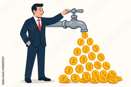 Money faucet metaphor cash flow businessman turning. Golden dollar coins pouring. Passive income concept revenue stream. Financial success profit generation wealth abundance business investment