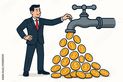 Money faucet cash flow concept. Businessman turning tap generating gold coins stream. Financial success metaphor. Passive income revenue. Profit generation business wealth.