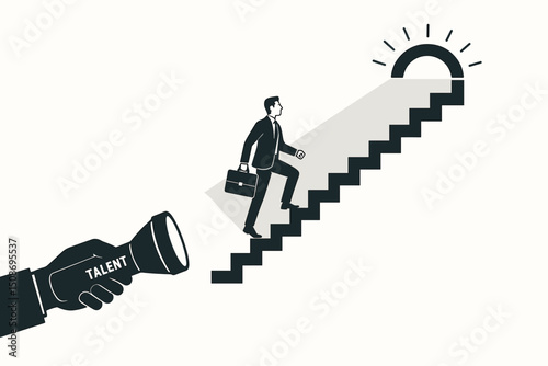 Businessman with briefcase climbing success stairs guided by talent spotlight. Career advancement journey concept. Professional growth achievement motivation leadership development stairway metaphor