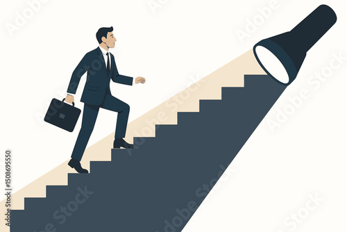 Businessman climbing success stairs spotlight illumination guidance concept. Career advancement steps professional growth achievement metaphor. Executive progress light beam staircase leadership