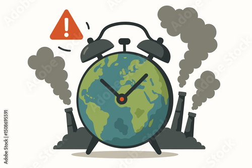 Climate change alarm clock earth planet globe warning. Environmental pollution smoke crisis time running out ecology danger emergency industrial emissions global warming concept
