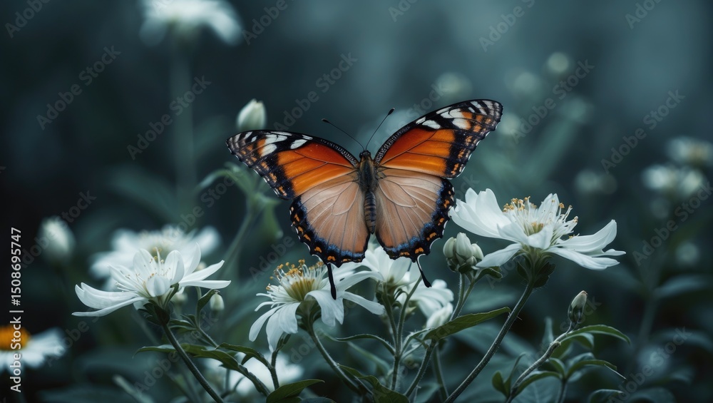 Fototapeta premium A stunning butterfly perched on a blooming white flower in the garden.