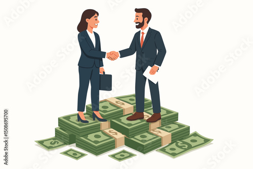 Business handshake deal partnership agreement success. Professional man woman suit standing money cash dollar piles wealth profit. Corporate finance collaboration concept vector
