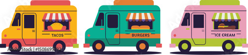 Colorful food trucks set with tacos, burgers, and ice cream fast street food trucks vector illustration isolated on white background for food delivery design