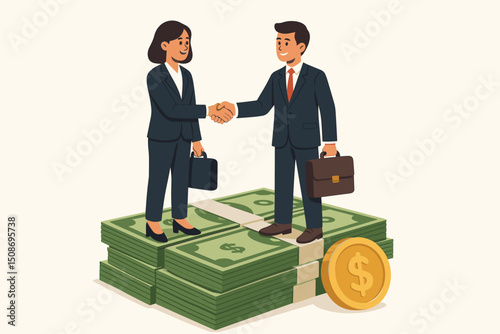 Business handshake deal partnership agreement money stack. Professional businessman businesswoman finance investment success. Corporate meeting profit wealth cash dollar briefcase suit