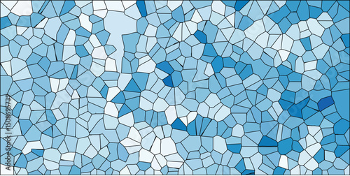Abstract mosaic pattern of blue and white geometric shapes creates a cool toned background with a stained glass effect ideal for design