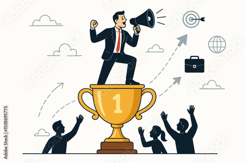 Businessman winner trophy motivational speech success leadership. Corporate executive megaphone podium achievement victory celebration. Team motivation business concept illustration