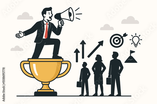 Business leader champion standing on golden trophy with megaphone announcing success. Motivational speaker concept. Corporate achievement leadership communication team inspiration victory