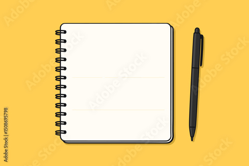 Spiral notebook blank lined pages black pen yellow background. Office supplies stationery writing notepad school business education concept. Paper journal diary memo book study work
