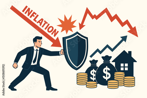 Asset protection from inflation concept. Businessman shield defending money wealth investment. Financial security strategy. Economic crisis hedge. Property portfolio defense against recession