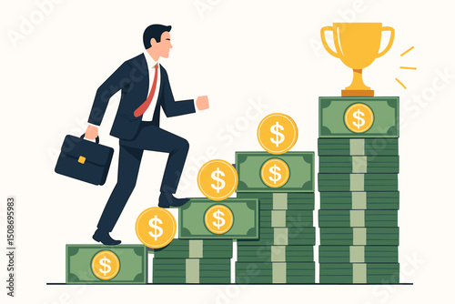 Businessman climbing money stairs steps to golden trophy success victory. Financial growth achievement concept. Career advancement wealth building investment profit ladder metaphor business.