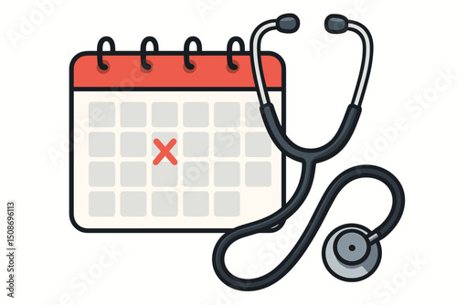 Healthcare appointment calendar reminder concept. Medical scheduling with stethoscope. Doctor visit planning. Health checkup date marked. Medical care management vector illustration
