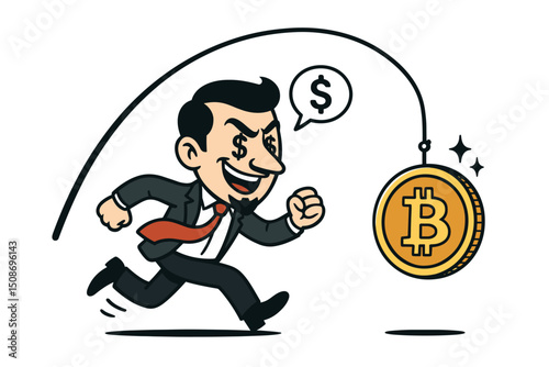 Greedy businessman chasing Bitcoin cryptocurrency coin. Financial investment pursuit concept. Money hungry investor running after digital currency. Cartoon vector illustration