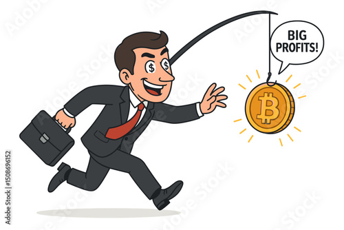 Businessman chasing Bitcoin cryptocurrency with fishing rod hook. Greedy dollar sign eyes big profits. Investment scam deception fraud metaphor. Financial greed cartoon vector illustration
