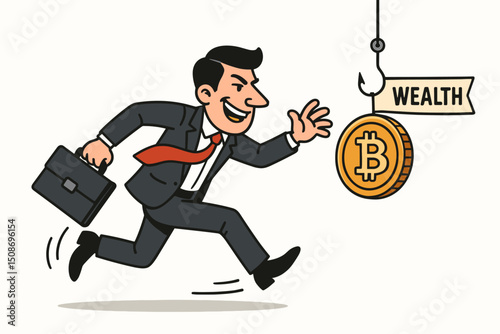 Businessman chasing Bitcoin cryptocurrency wealth trap. Deceptive investment scam concept. Greedy investor running after digital money bait hook. Financial fraud metaphor illustration