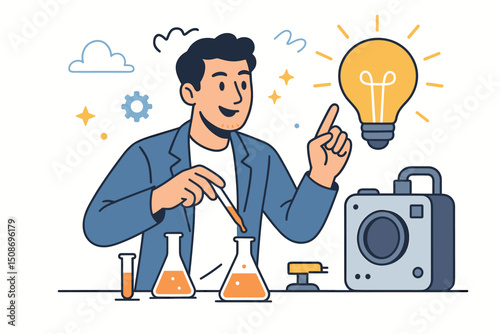 Creative scientist entrepreneur having brilliant lightbulb idea eureka moment innovation laboratory chemistry research experiment discovery invention business startup breakthrough thinking solution