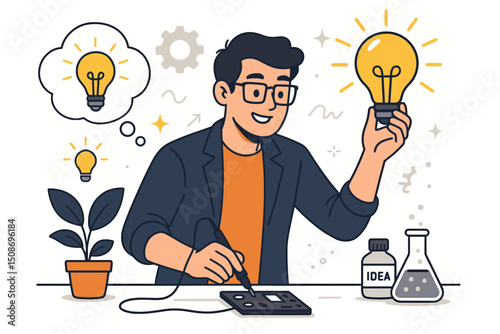 Creative entrepreneur businessman holding lightbulb idea innovation concept. Digital designer brainstorming with graphics tablet. Business creativity thinking process vector illustration