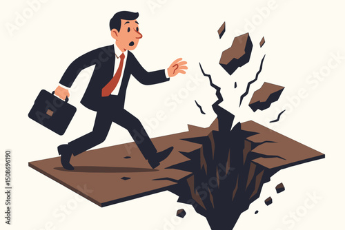 Crisis businessman running escape earthquake ground crack breaking disaster panic emergency financial risk management business failure metaphor concept vector