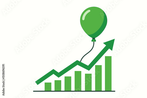 Business growth balloon lifting upward bar chart graph. Market success symbol financial progress. Arrow rising trend economic development. Profit increase metaphor green ascending statistics