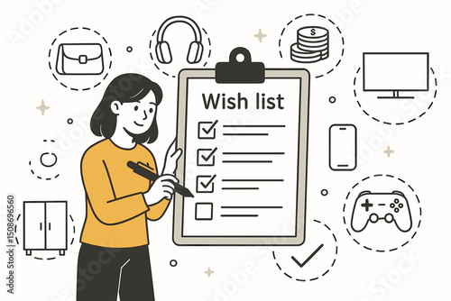 Woman writing shopping wishlist checklist planning future purchases consumer goods electronics. Dreams goals technology gadgets money budget saving. Purchase planning lifestyle concept