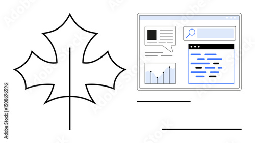 Leaf outline next to webpage mockup showcasing chat, graphs, search bar, and text. Ideal for technology, environment, analytics, ecology, data visualization digital platforms simple landing page