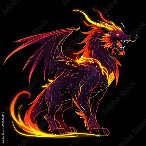 Vibrant Fiery Mythical Dragon with Glowing Flames in a Dark Fantasy Illustration