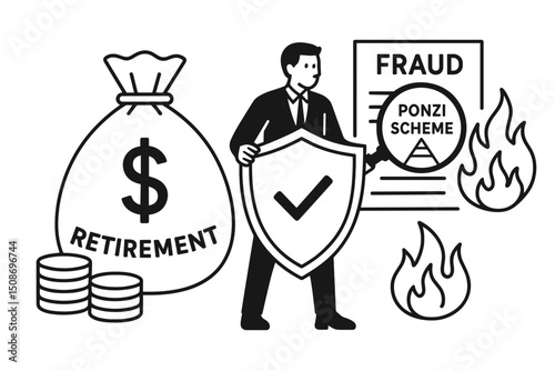 Retirement fund protection security concept. Financial advisor businessman with shield defending pension savings money bag against fraud ponzi scheme scam threats vector illustration