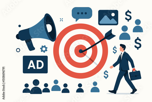 Targeted marketing strategy businessman hitting bullseye target arrow. Digital advertising campaign success customer acquisition goal achievement ROI profit growth