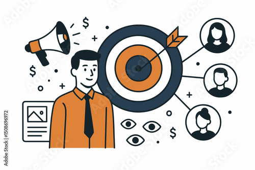 Targeted marketing strategy concept bullseye. Business audience targeting customer segmentation demographics. Digital advertising campaign precision lead generation vector illustration