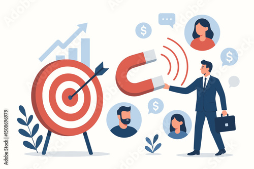 Targeted marketing customer acquisition concept. Businessman with magnet attracting clients. Lead generation strategy. Sales funnel growth chart target audience engagement vector illustration