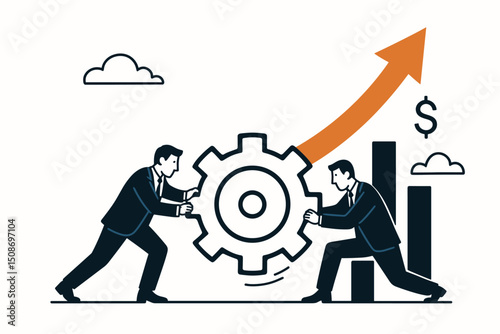 Business teamwork strategy concept. Two businessmen pushing gear mechanism collaboration. Growth arrow success chart. Financial progress development. Team effort productivity partnership