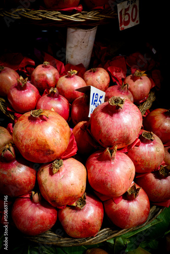 Beautiful view of fresh, delicious-looking pomegranates at a farmers' market in Port Louis, Mauritius, Africa
