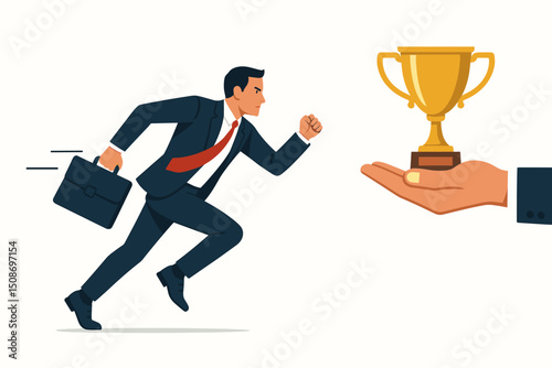 Businessman running chasing success trophy award. Achievement goal pursuit motivation. Professional career advancement ambition victory excellence. Business competition leadership concept