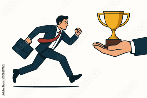 Businessman running chasing success trophy award achievement goal pursuit career ambition motivation professional competition victory leadership business concept