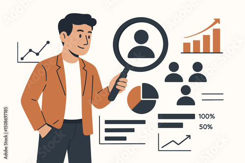 Market research business analytics concept. Data analyst studying customer demographics targeting audience behavior. Magnifying glass dashboard charts graphs statistics insights