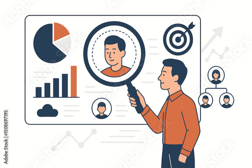 Market research analyst examining customer demographics data insights. Business intelligence analytics dashboard charts graphs. Consumer behavior investigation magnifying glass concept