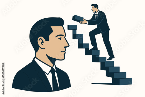 Business success growth concept. Businessman climbing stairs building blocks. Career development ladder. Self improvement metaphor. Professional achievement goal progress leadership