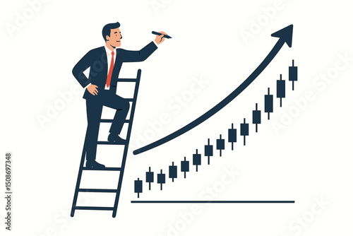 Businessman climbing ladder drawing upward growth arrow on bullish stock market candlestick chart. Success achievement progress financial investment. Career advancement leadership concept