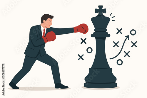 Strategic business battle metaphor boxing chess king. Businessman fighter combat piece. Corporate competition conflict confrontation. Professional strategic planning tactics concept game theory