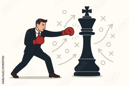 Business strategy battle metaphor. Businessman boxer fighting chess king piece. Strategic combat leadership challenge concept. Corporate warfare planning competition victory