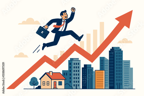 Housing market boom businessman running up success arrow real estate growth achievement victory celebration professional financial progress urban city skyline business concept
