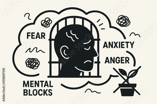Mental health anxiety fear anger emotional blocks concept. Head silhouette psychology mind disorder. Stress depression cognitive therapy wellness mindfulness illustration vector design
