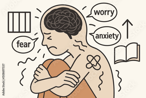 Anxiety mental health psychology concept. Person hugging knees trapped worry fear depression brain mind. Emotional distress panic disorder stress therapy mindfulness