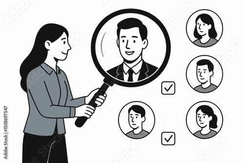 HR recruiter woman magnifying glass searching ideal job candidates profiles. Human resources talent acquisition hiring selection process. Employee headhunting business concept vector