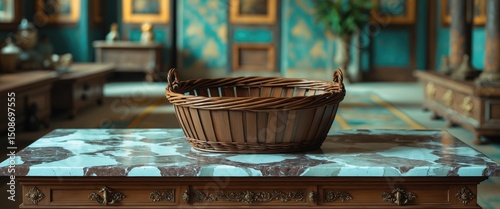 Empty brown wooden basket with pattern on marble top used for putting stuff photo